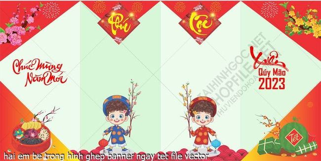 hai em be trong hinh ghep banner ngay tet file vector